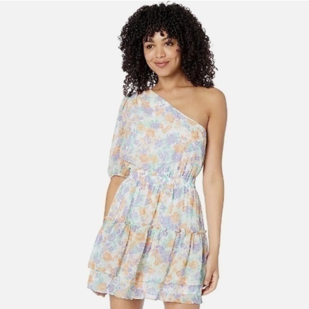 Wayf One Shoulder Tiered Floral Mini Dress M
